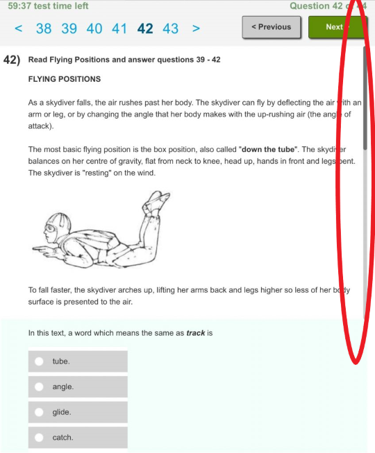 Screenshot of e-easTTle test question showing grey scrollbar on the right hand side. Screenshot shows Question 42 of 44. Read Flying Positions and answer questions 39 – 42. Under the heading Flying Passages is text. Within the text is a drawn picture of a skydiver mid-air. At the bottom of the page is a question and four answers. On the far right a red ellipse is drawn around the scrollbar.