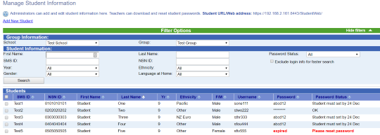 Screenshot showing Password Status "Student must set by 24 Dec" Also includes an expired password and Please reset password status in red on the bottom row.