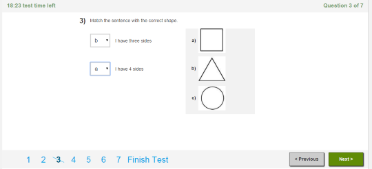 Screenshot of Question 3 in the test. At the top are the question and the answer options. To the right of this are shapes (square, triangle, circle). At the bottom of the screen in blue is 1 2 3 4 5 6 7 Finish Test. There is a strike-through on the number 3.