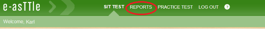 Screenshot of top of e-asTTle Student Portal with Reports tab circled in red.
