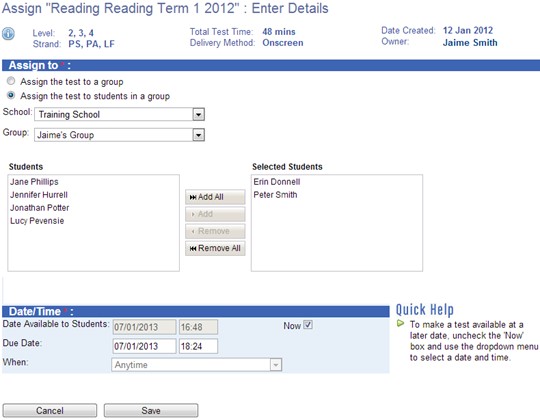 Screenshot of Assign Test screen. The heading is Reading Term 1 2012: Enter details, and underneath is information about the test details such as test time and date created. The two subsections are Assign to and Date/Time. Teachers can choose to assign the text to a group or to students in a group. They can also set dates, for example, when the test is available and when the test is due.