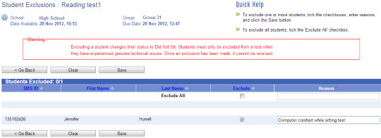 Screenshot showing Student Exclusions screen. Under the Student Exclusion: Reading test 1 heading is information about the school, group, date available, and due date. Below that are buttons Go Back, Clear and Save and a Quick Help guide is on the right.