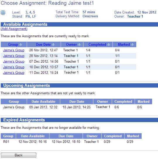 Screenshot of Choose Assignment screen with headings Available Assignments, Upcoming Assignments, and Expired Assignments.