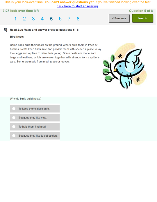 Screenshot of e-asTTle student portal showing reading passage with questions below.