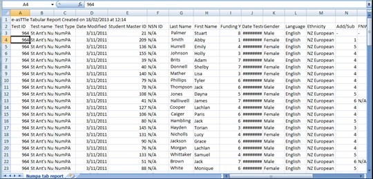 Screenshot of e-asTTle Tabular Report for a NumPA test, presented on a .csv spreadsheet. Report Created on 18 February 2013. The report presents Test ID, Test name, Test Type, Date Modified, Student Master ID, NSN ID, Last Name, First Name, Funding Year, Date Tested, Gender, Language, Ethnicity. Column A and row 4 are highlighted in gold, and in row 4, a thick black line indicates Test ID 964. 
