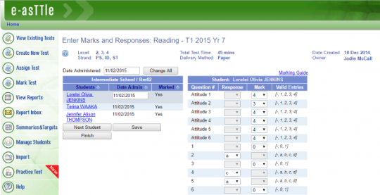 Screenshot of Enter Marks and Responses screen in e-asTTle.