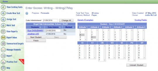 Screenshot of e-asTTle screen with title "Enter Scores: Writing - Writing27May". 