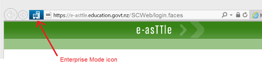 Screenshot showing blue Enterprise Mode icon in browser address bar.