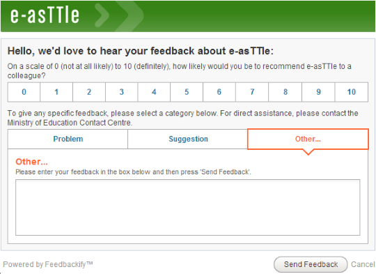 Screenshot of e-asTTle feedback form showing 1-10 scale of how likely you are to recommend e-asTTle. Below the scale are three buttons for specific feedback categories: Problem, Suggestion, Other. Other is selected, and a text box is below for specific feedback. At the bottom is a “Send feedback” button.