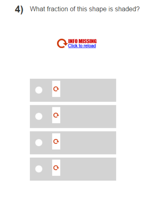 Screenshot of an e-asTTle test page with icon with circle shaped arrow and text "INFO MISSING Click to reload".