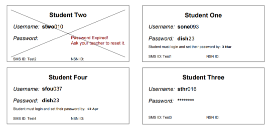 Screenshot showing four login cards. One card has a cross through it and red text reading Password Expired! Ask your teacher to reset it.