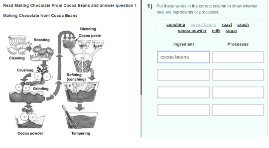 Example of e-asTTle test task. On the left is a visual representation of making chocolate from cocoa beans. On the right is Question 1) Put these words in the correct columns to show whether they are ingredients or processes. Underneath the question are seven words and two columns – Ingredient, Processes.