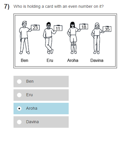 Screenshot of e-asTTle test page. At the top is the question "Who is holding a card with an even number on it?" Underneath the question are four people. Each holds a piece of paper with a number on it. Below them are four choices for the answers: Ben, Eru, Aroha, Davina.