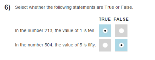 Example of e-asTTle question. Text reads: Select whether the following statements are true or false. In the number 213, the value of 1 is 10. Radio buttons offer true or false options. In the number 504, the value of 5 is fifty. Radio buttons offer true or false options.