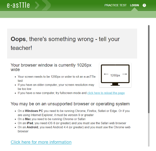 Screenshot displaying message "Oops, there's something wrong - tell your teacher".