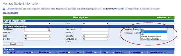 Screenshot Manage Student Information. Administration can add and edit student information here. Teacher can download and reset student passwords. Underneath this are Filter Options: Group Information, Submit Information. On the far right of Student Information, a read circle is sits over Password Status, and the “All” selection is highlighted in blue.Teacher can download and reset student passwords. Underneath this are Filter Options: Group Information, Submit Information. On the far right of Student Information, a read circle is sits over Password Status, and the “All” selection is highlighted in blue.
