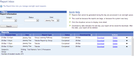Screenshot showing the "Report Inbox" function.