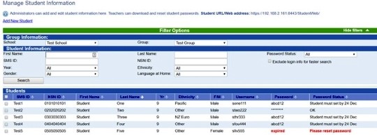 Screenshot showing Password Status "Student must set by 24 Dec" Also includes an expired password and Please reset password status in red on the bottom row.