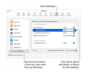 Screenshot of Safari settings for websites, with Pop-up Windows selected at the bottom of the sidebar and a currently open website selected.