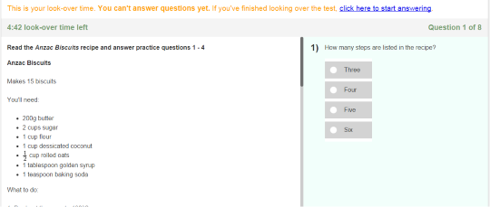 Screenshot of screen in look-over setting. Text at top of screen reads "This is your look-over time. You can't answer questions yet. If you've finished looking over the test (open link text) click here to start answering (close link text)."